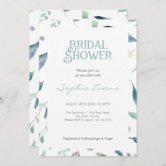 緑かわいらし色縁ど白ブライダルシャワー 招待状 (正面/裏面)