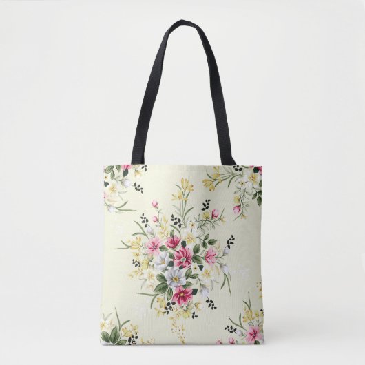 緑がかったかわいいピンクの灰色と黄色離れの花 トートバッグ (正面)