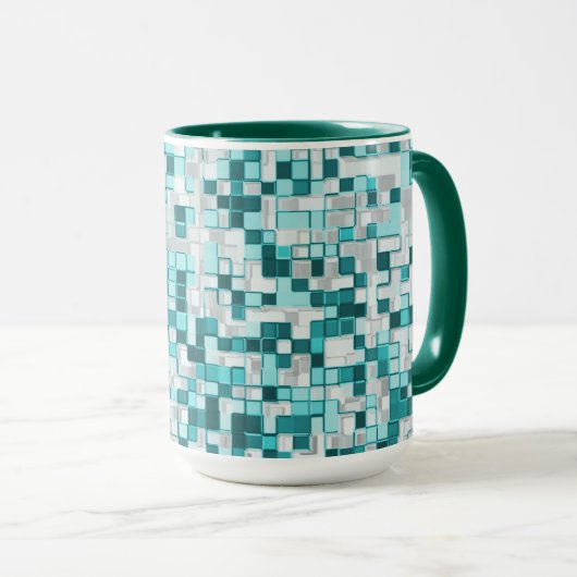 緑がかったシアン色の重なり合う小さな正方形 マグカップ (正面右)