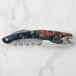 緑がかった上に置き換えられたキャンプファイヤーの抽象芸術モザイク ソムリエナイフ