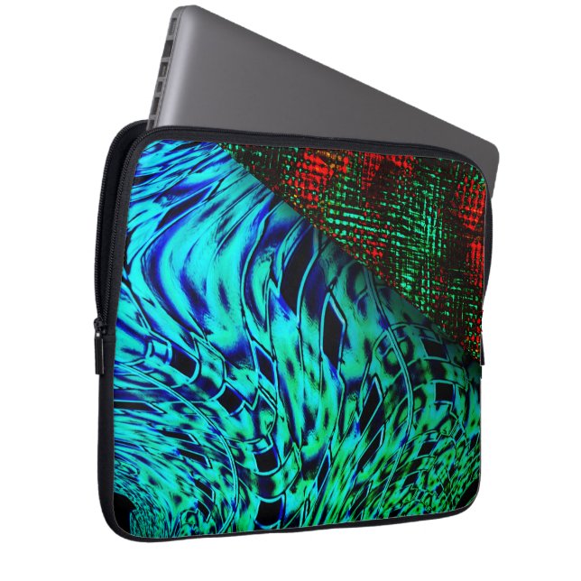 緑がかった青、赤い四角い詳細のツイスト効果 ラップトップスリーブ (正面右)