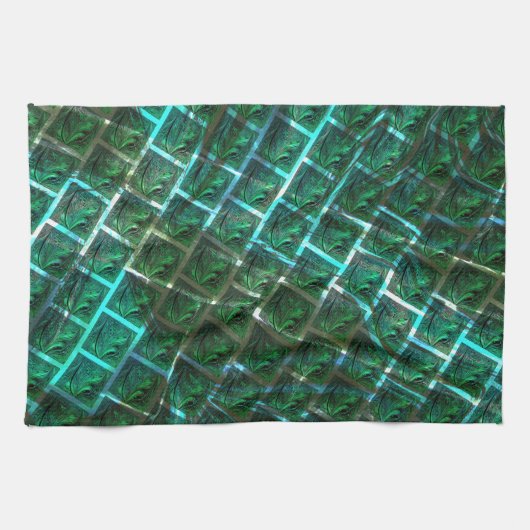 「緑がかった額縁の目」、スクラッチ、青いグレーチング キッチンタオル (横)