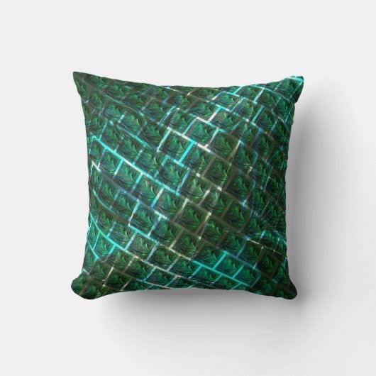 「緑がかった額縁の目」、スクラッチ、青いグレーチング クッション (正面)