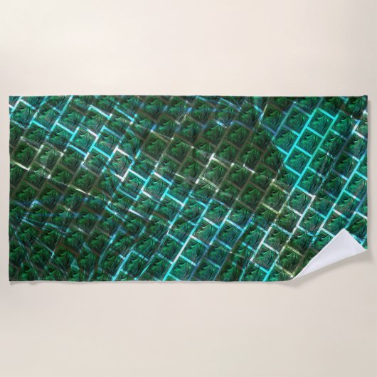 「緑がかった額縁の目」、スクラッチ、青いグレーチング ビーチタオル (正面)