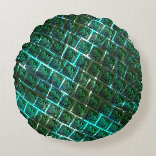 「緑がかった額縁の目」、スクラッチ、青いグレーチング ラウンドクッション (正面)