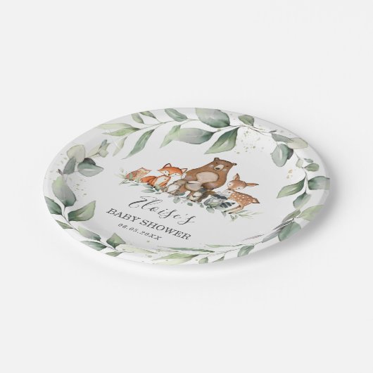 緑がかわいい森林地の動物たちがベビーシャワー中立 ペーパープレート (アングル)