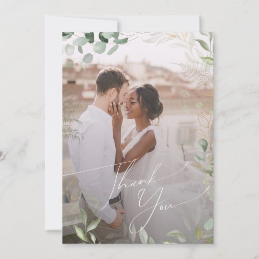 緑とお洒落金ゴールドフラットフェード写真 サンキューカード (正面)