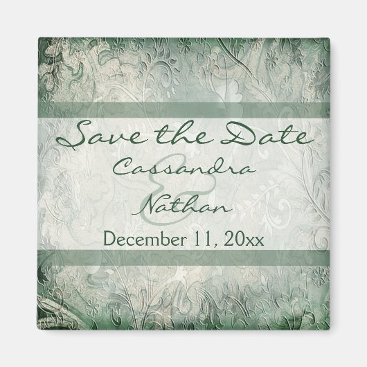 緑とアイボリーのフローラ日付磁石を保存 マグネット (正面)