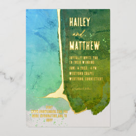 緑とアクアブルーの水結婚色 箔招待状