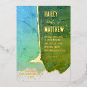 緑とアクアブルーの水結婚色 箔招待状 (正面)