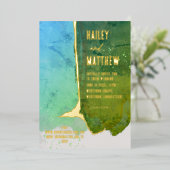 緑とアクアブルーの水結婚色 箔招待状 (立ち正面)