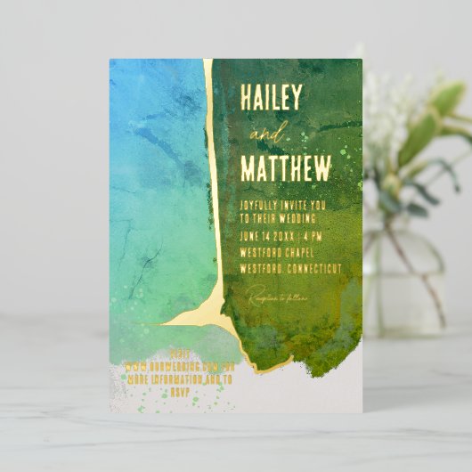 緑とアクアブルーの水結婚色 箔招待状 (立ち正面)
