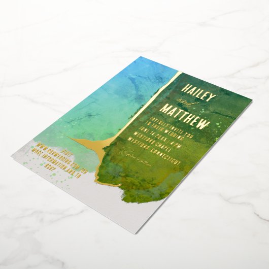 緑とアクアブルーの水結婚色 箔招待状 (回転した状態)