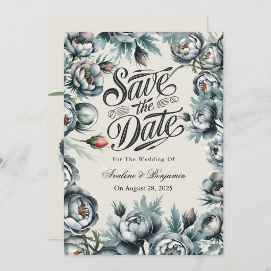 緑とエレガント灰色の花束が日付を保存 招待状 (正面/裏面)