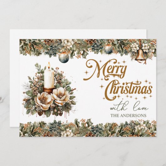 緑とエレガント金ゴールドのクリスマスキャンドル シーズンカード (正面/裏面)