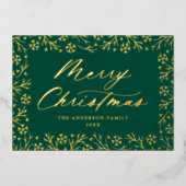 緑とエレガント金ゴールドのスノーフレーク非写真 箔シーズンカード (正面)