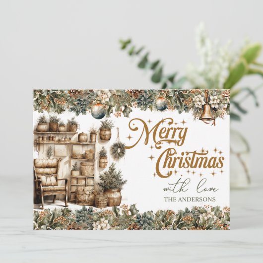 緑とエレガント金ゴールドの居心地の良いクリスマスインテリア シーズンカード (スタンド正面)