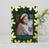 緑とエレガント金ゴールドの松のフレーム写真 箔シーズンカード (立ち正面)