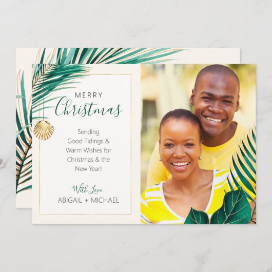 緑とエレガント金ゴールドの熱帯クリスマスフォト シーズンカード (正面/裏面)
