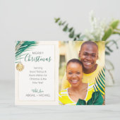 緑とエレガント金ゴールドの熱帯クリスマスフォト シーズンカード (スタンド正面)