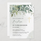 緑とエレガント金ゴールドの緑の葉のバプテスマ 招待状 (正面/裏面)