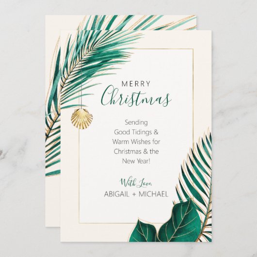 緑とエレガント金ゴールドビーチ熱帯クリスマス シーズンカード (正面/裏面)
