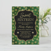 緑とエレガント金ゴールド冬の雪片スウィート16 招待状 (スタンド正面)