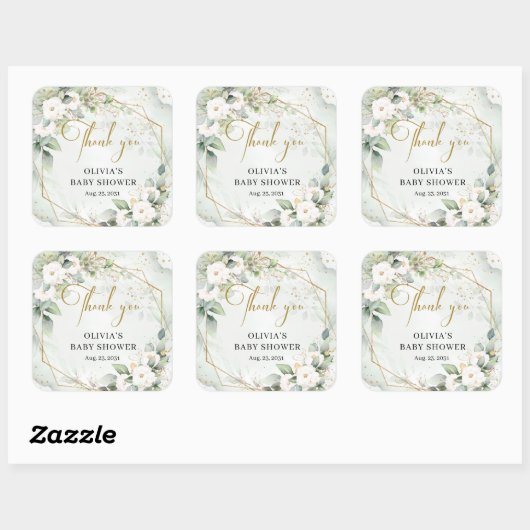 緑とエレガント金ゴールド白い花ベビーシャワー スクエアシール (シート)