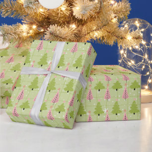 緑とオフの白いクリスマスツリーピンクのクリスマス ラッピングペーパー