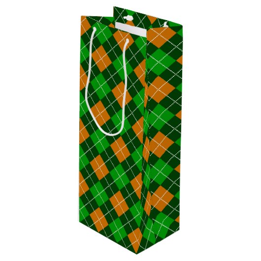 緑とオレンジのアイルランドの格子模様の色合い ワインギフトバッグ (正面アングル)