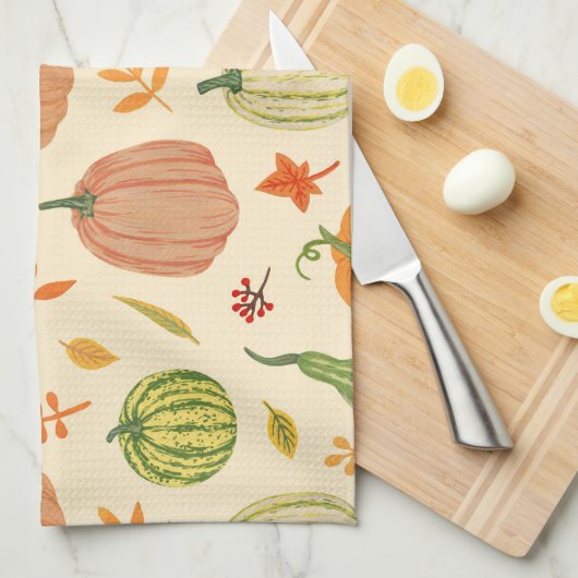 緑とオレンジのカボチャ、シームレスなパターン。 キッチンタオル (四つ折り)