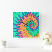 緑とオレンジのスパイラル絞り染め時計 スクエア壁時計 (ホーム)