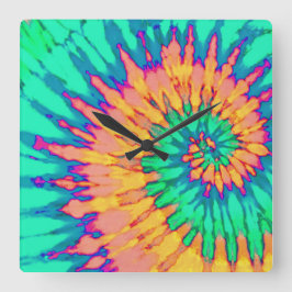 緑とオレンジのスパイラル絞り染め時計 スクエア壁時計