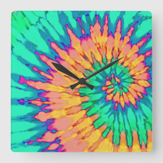 緑とオレンジのスパイラル絞り染め時計 スクエア壁時計 (正面)