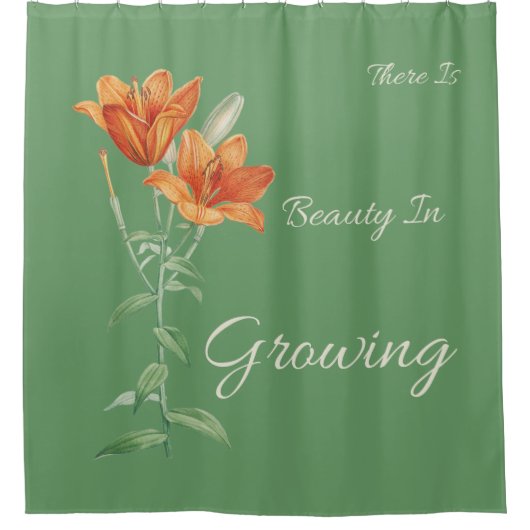 緑とオレンジのフローラの美しいがある シャワーカーテン (正面)