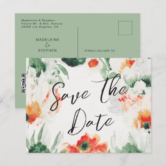 緑とオレンジのワイルドフラワーQRコード日付を保存 案内ポストカード (正面/裏面)