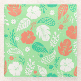 緑とオレンジの熱帯の葉のパターン ガラスコースター