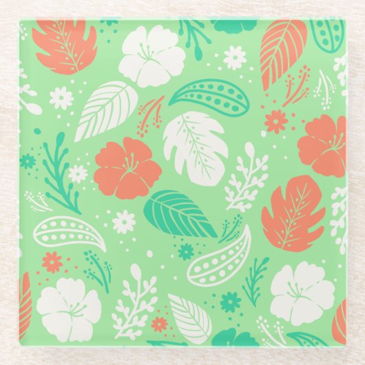 緑とオレンジの熱帯の葉のパターン ガラスコースター (正面)