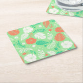 緑とオレンジの熱帯の葉のパターン スクエアペーパーコースター (アングル)