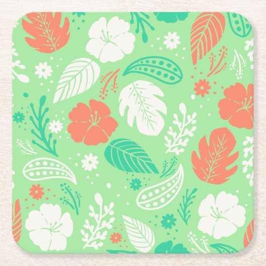 緑とオレンジの熱帯の葉のパターン スクエアペーパーコースター (正面)