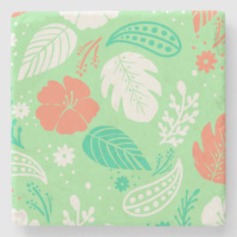 緑とオレンジの熱帯の葉のパターン ストーンコースター