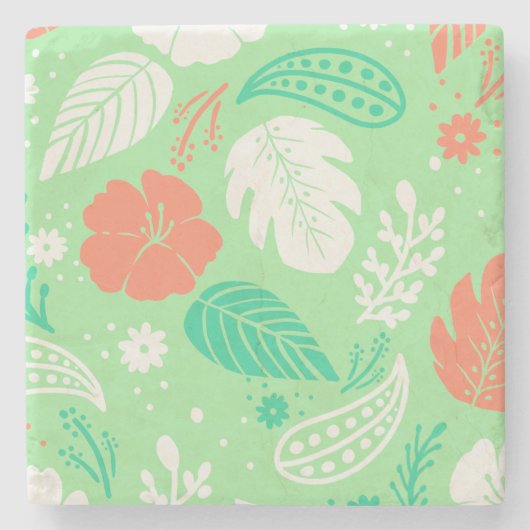 緑とオレンジの熱帯の葉のパターン ストーンコースター (正面)