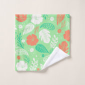 緑とオレンジの熱帯の葉のパターン バスタオルセット (ウォッシュタオル)