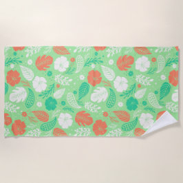 緑とオレンジの熱帯の葉のパターン ビーチタオル