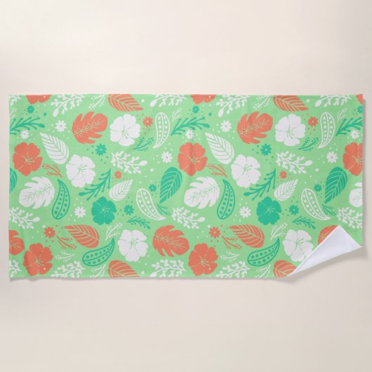 緑とオレンジの熱帯の葉のパターン ビーチタオル (正面)