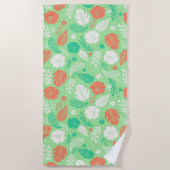 緑とオレンジの熱帯の葉のパターン ビーチタオル (正面)