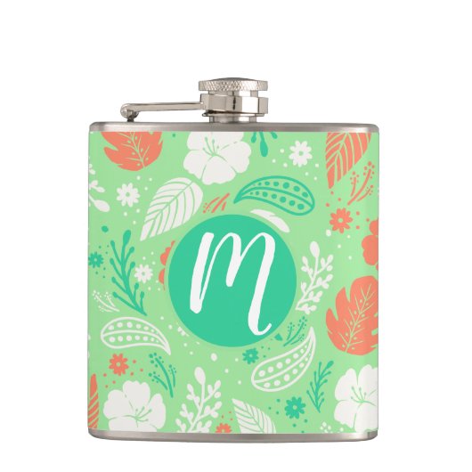 緑とオレンジの熱帯の葉のパターン フラスク (正面)