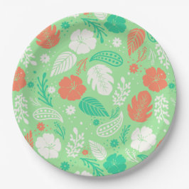 緑とオレンジの熱帯の葉のパターン ペーパープレート