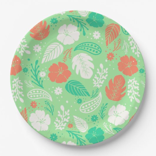 緑とオレンジの熱帯の葉のパターン ペーパープレート (正面)