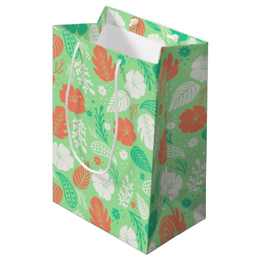 緑とオレンジの熱帯の葉のパターン ミディアムペーパーバッグ (正面アングル)
